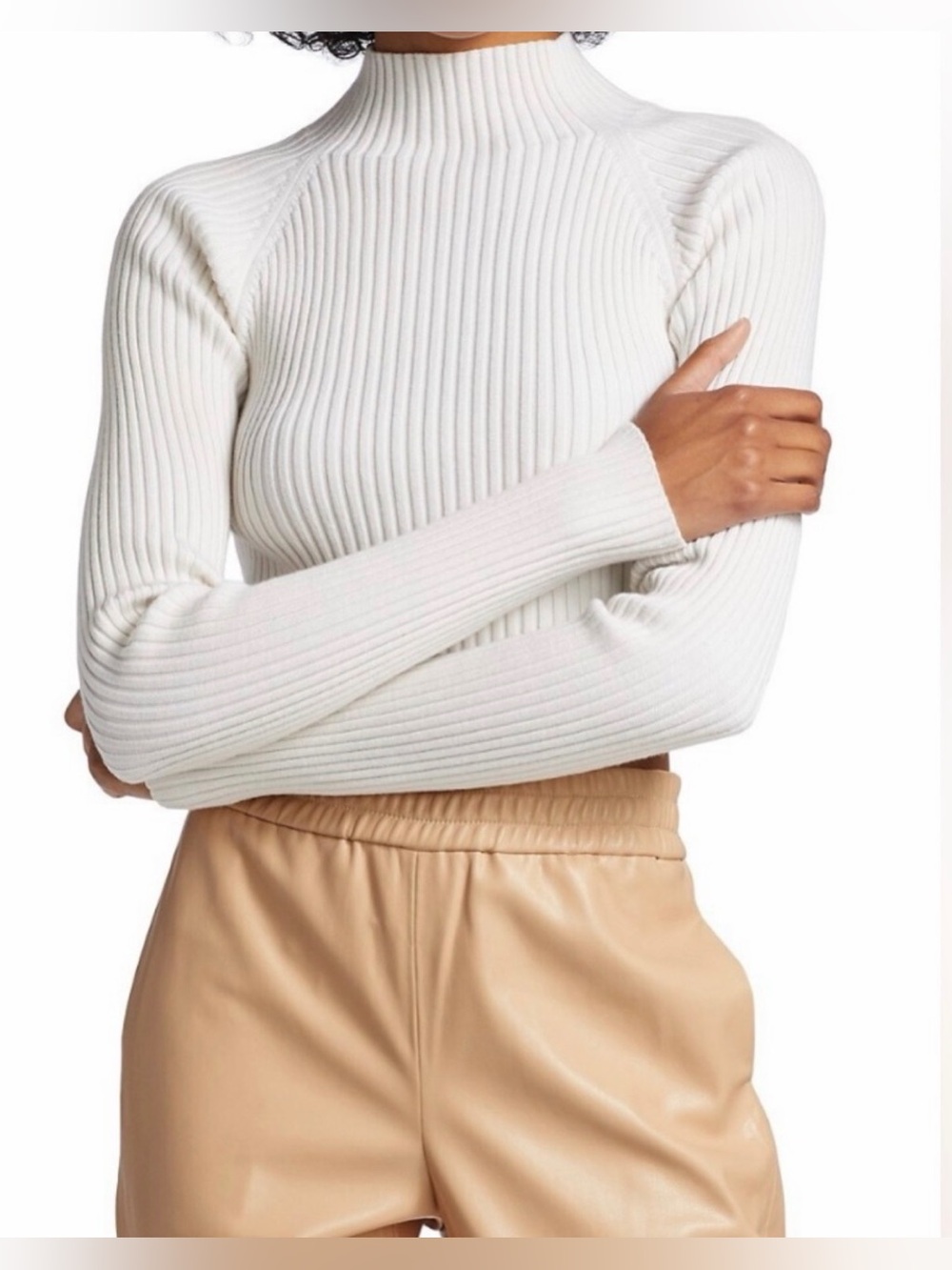 NEW Alice + Olivia Irena Mock Neck Cropped Rib Knit Wool Sweater White, Small